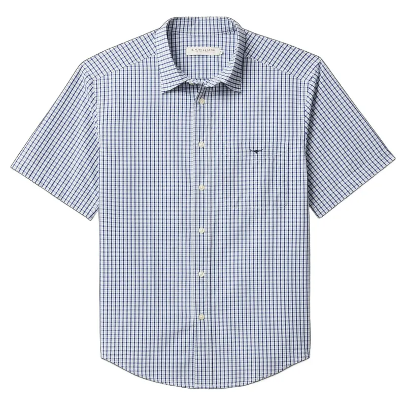 R M Williams Augusta Poplin Short Sleeve Shirt in White Blue
