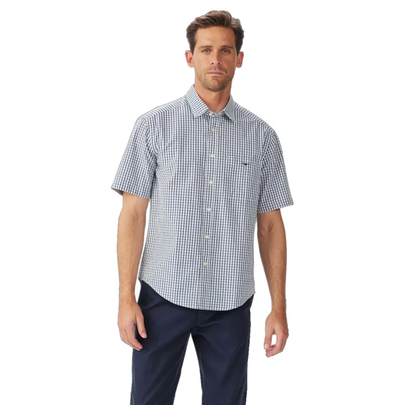 R M Williams Augusta Poplin Short Sleeve Shirt in White Blue-1