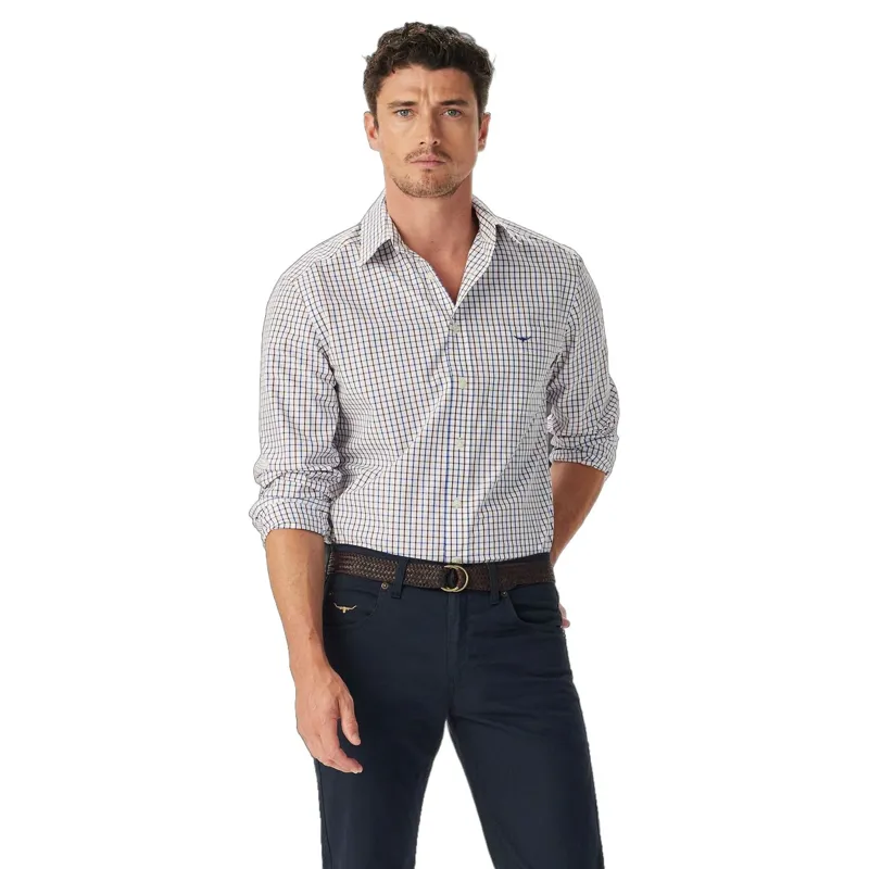 R M Williams Newland Poplin Check Shirt in Burgundy-1