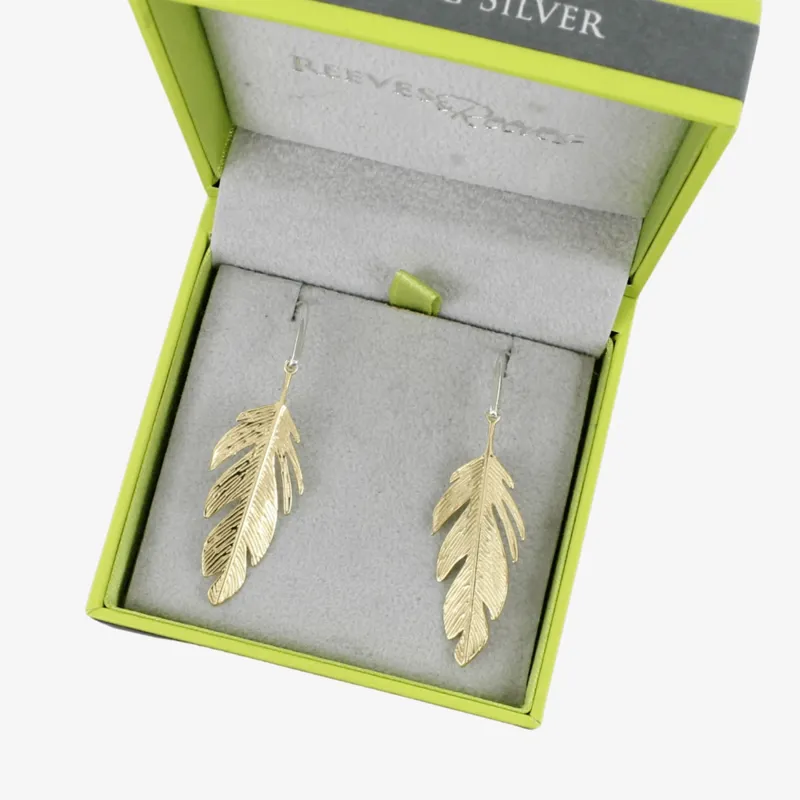 Reeves and Reeves Sterling Silver Large Feather Drop Earrings Gold-1