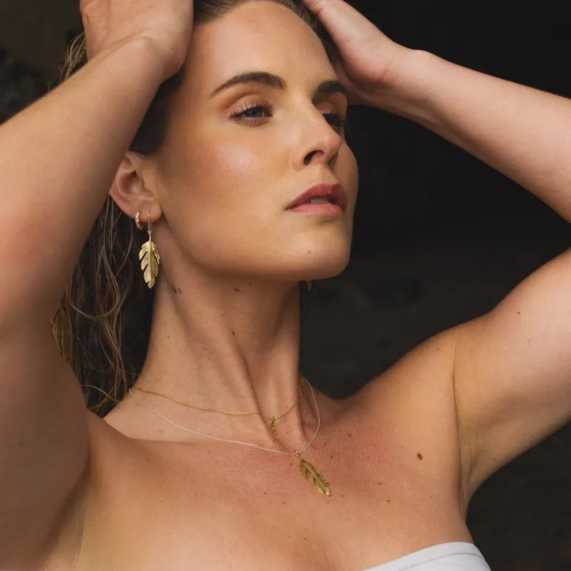 Reeves and Reeves Sterling Silver Large Feather Drop Earrings Gold-2