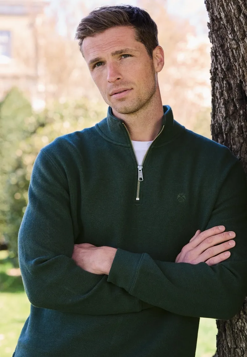 Brook Taverner Redgrave Cotton French Rib Zip Neck Jumper Dark Green-3