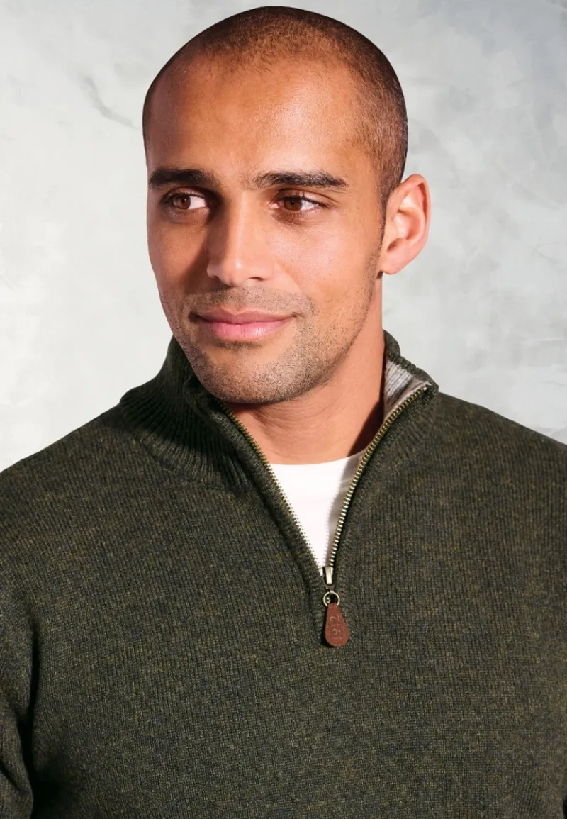 Brook Taverner Rutherford Lambswool Zip Neck Jumper in Khaki-2