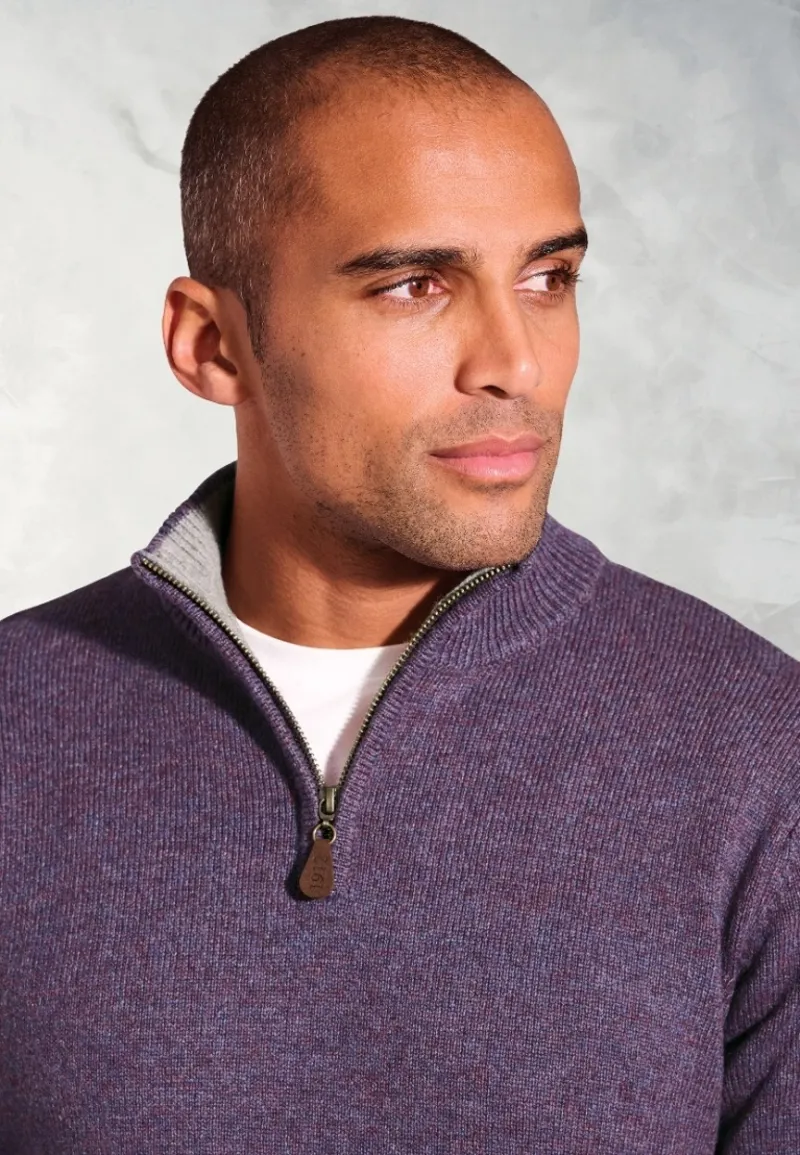 Brook Taverner Rutherford Lambswool Zip Neck Jumper in Heather-1