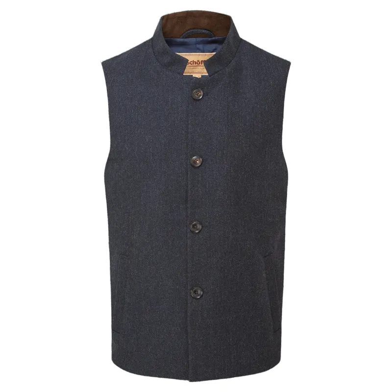 Schoffel Country Berwick Nehru Tweed Waistcoat in Dark Navy Herringbone Tweed