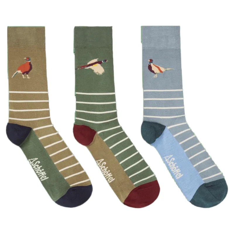 Schoffel Country Mens Bamboo Sock Box of 3 7-11 in Lake Blue Pheasant Mix