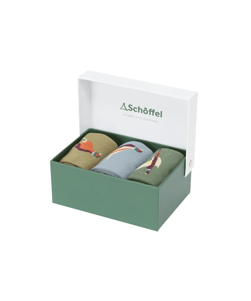 Schoffel Country Mens Bamboo Sock Box of 3 7-11 in Lake Blue Pheasant Mix-1
