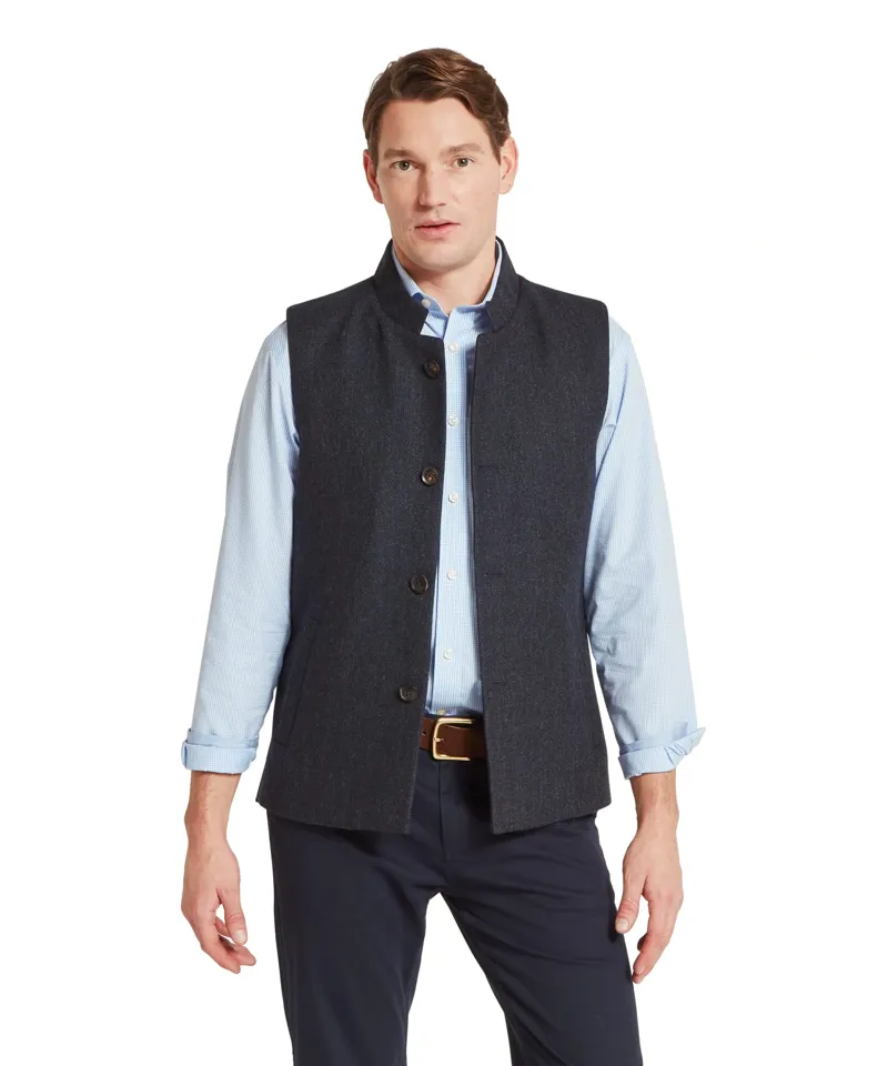 Schoffel Country Berwick Nehru Tweed Waistcoat in Dark Navy Herringbone Tweed-1