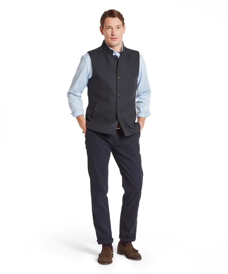 Schoffel Country Berwick Nehru Tweed Waistcoat in Dark Navy Herringbone Tweed-2