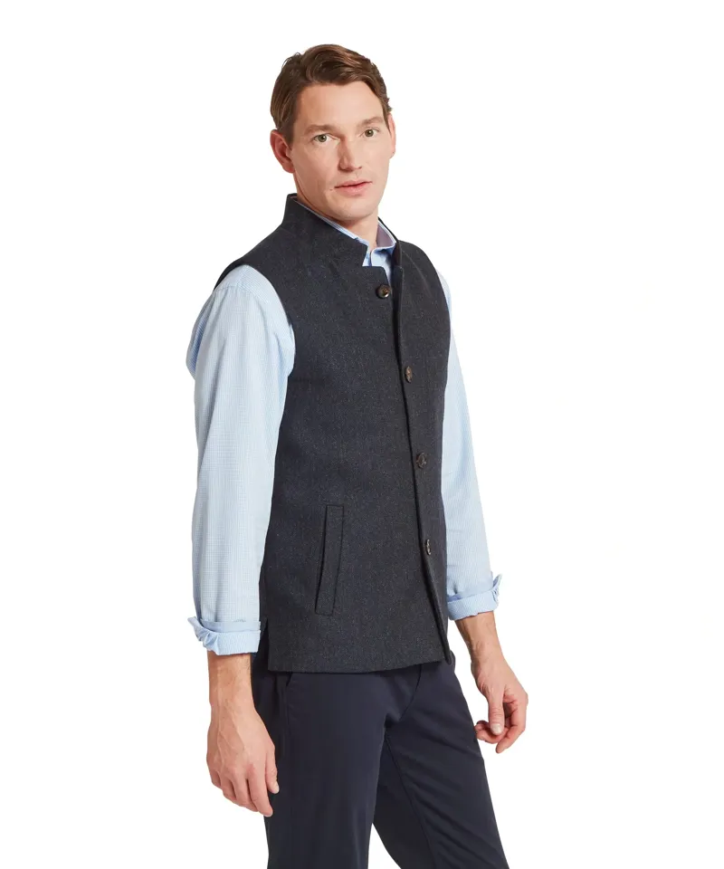 Schoffel Country Berwick Nehru Tweed Waistcoat in Dark Navy Herringbone Tweed-3