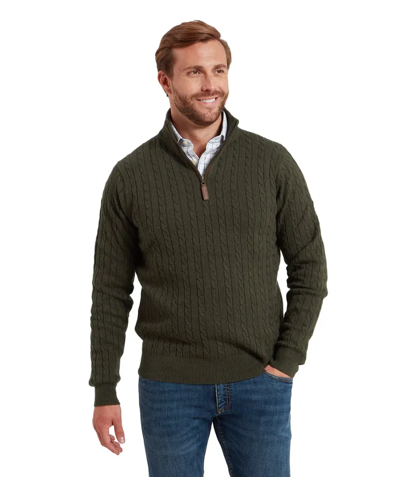 Schoffel Calton Cotton Cashmere Cable Quarter Zip Jumper Loden Green-1