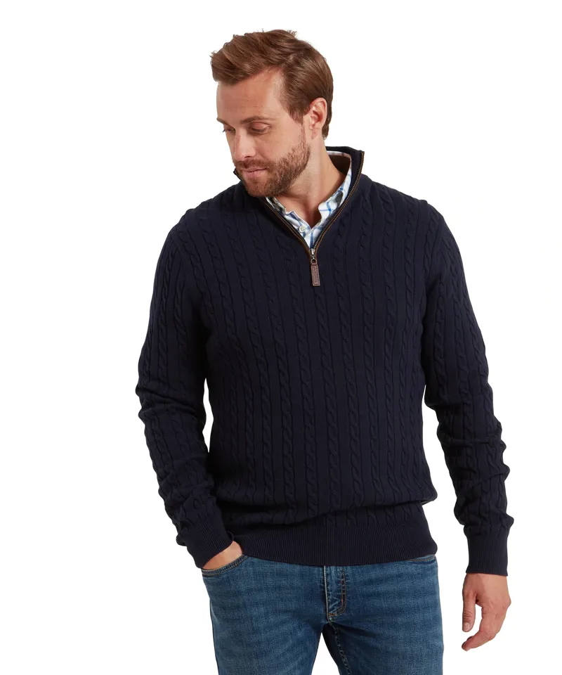 Schoffel Country Calton Cotton Cashmere Cable 1/4 Zip Jumper in Navy-1