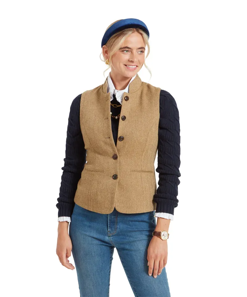 Schoffel Millport Tweed Nehru Waistcoat Oak Herringbone-1
