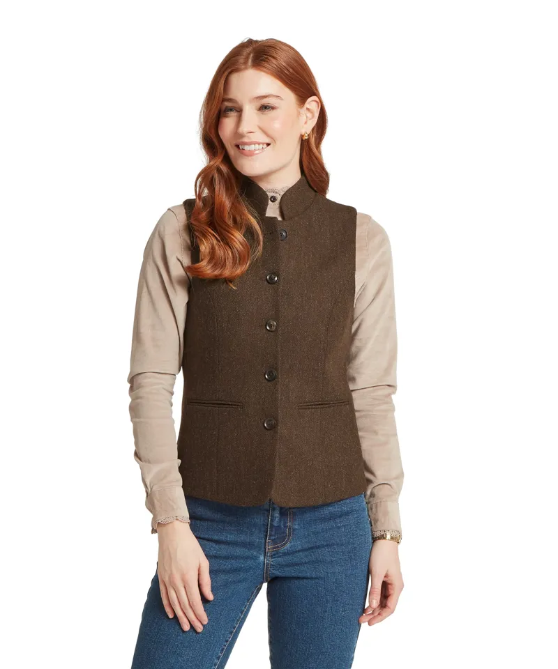 Schoffel Country Millport Tweed Nehru Waistcoat in Chocolate Herringbone Tweed-1