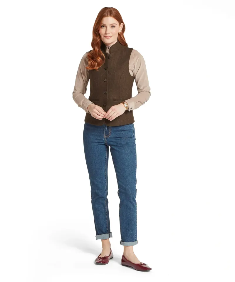 Schoffel Country Millport Tweed Nehru Waistcoat in Chocolate Herringbone Tweed-2