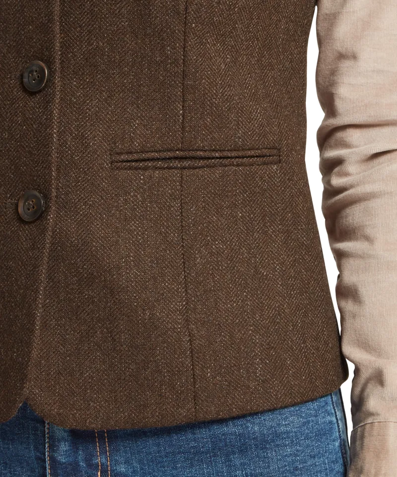 Schoffel Country Millport Tweed Nehru Waistcoat in Chocolate Herringbone Tweed-9