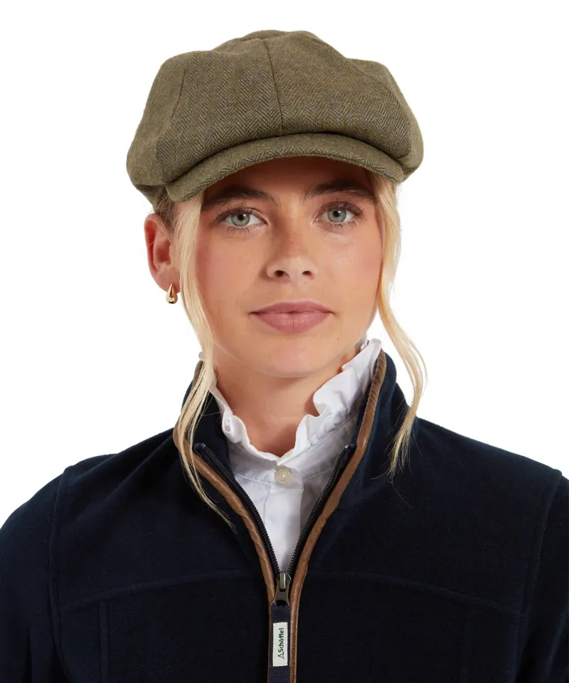 Schoffel Women's Newsboy Tweed Cap Loden Green Herringbone Tweed-1