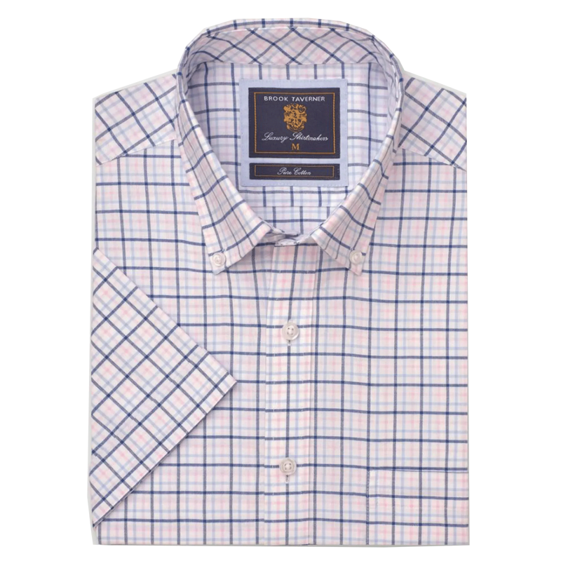Brook Taverner Regular Fit Pink Tattersall Check Oxford Short Sleeve Shirt