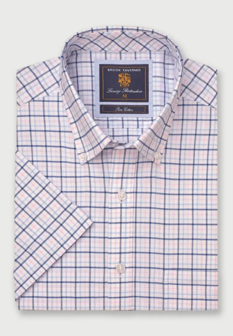 Brook Taverner Regular Fit Pink Tattersall Check Oxford Short Sleeve Shirt