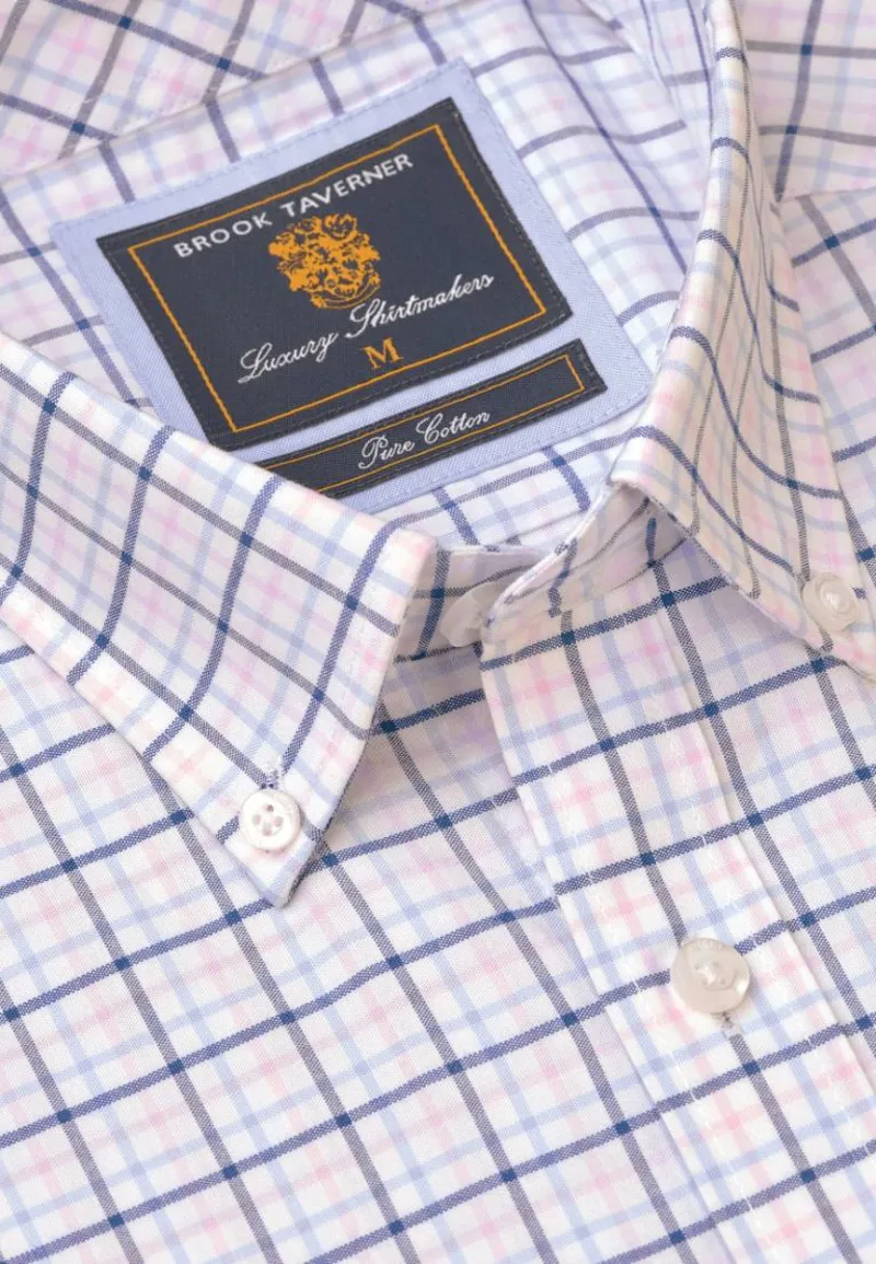 Brook Taverner Regular Fit Pink Tattersall Check Oxford Short Sleeve Shirt-2