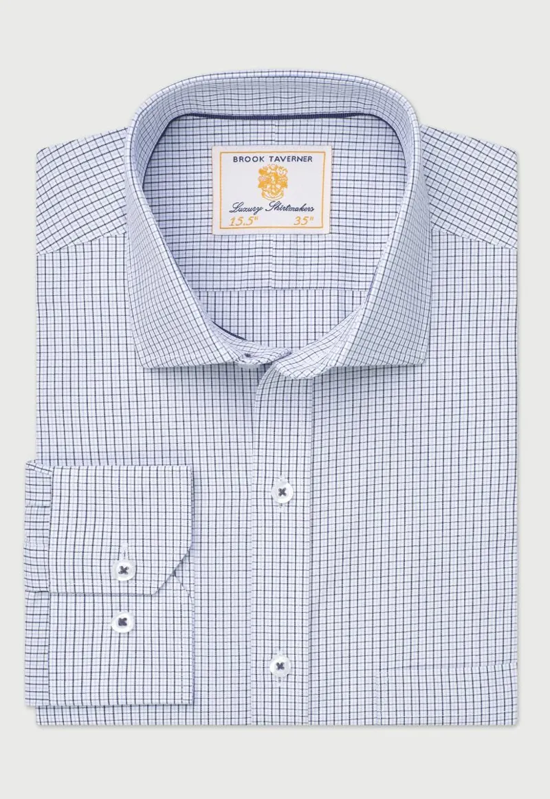 Brook Taverner Regular Fit Blue Micro Check Oxford Cotton Shirt