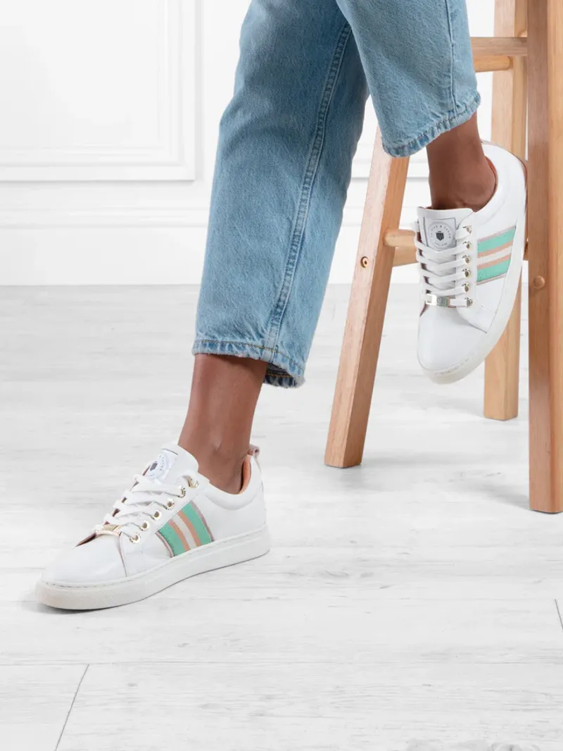 Fairfax and Favor Boston Trainer White Leather with Mint/Stone-1