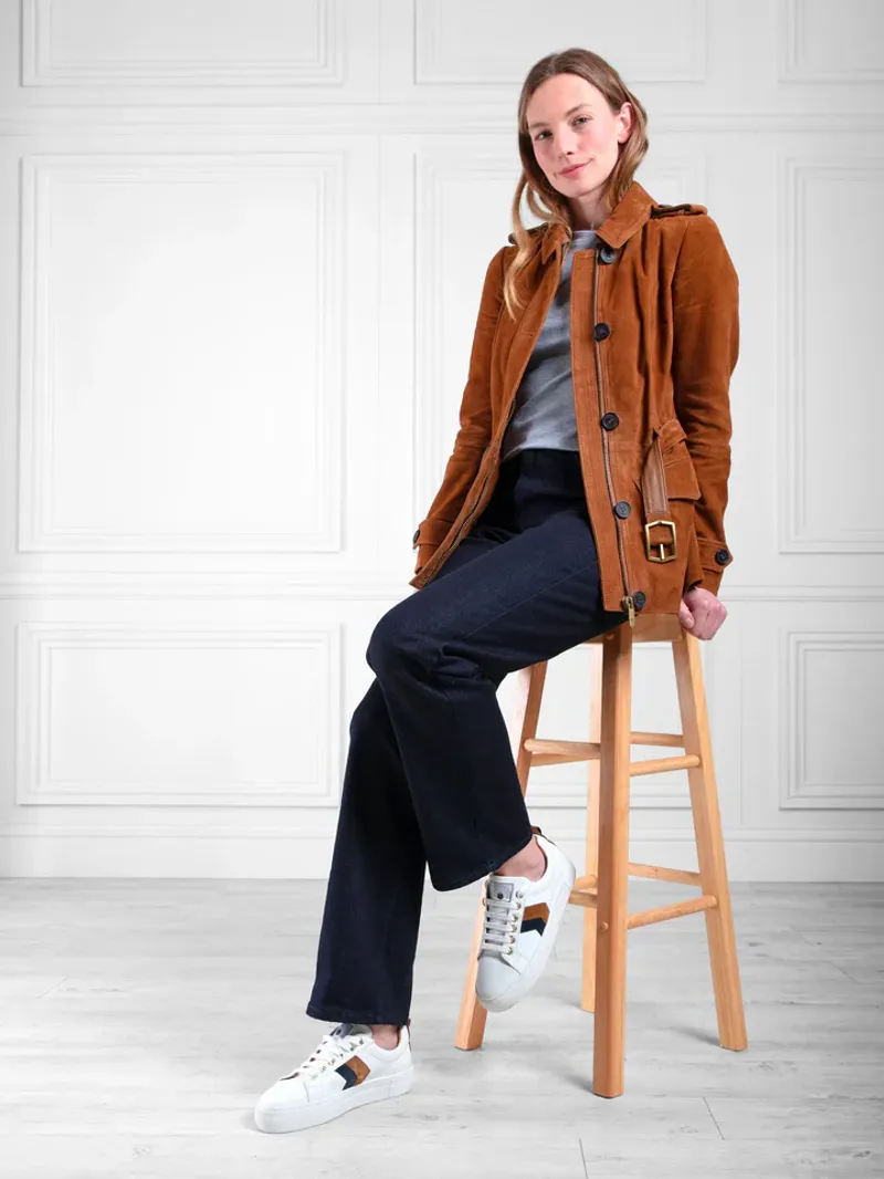 Fairfax and Favor Platform Alexandra Trainer White Leather with Tan/Navy-3