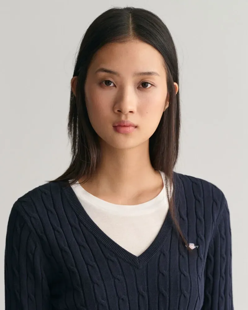 Gant Ladies Stretch Cotton Cable V-Neck Evening Blue-3
