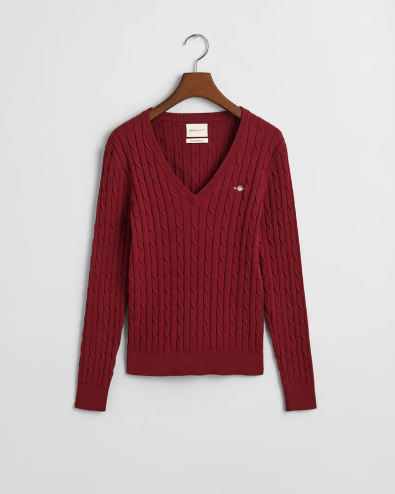 Gant Ladies Stretch Cotton Cable V-Neck Plumped Red-1