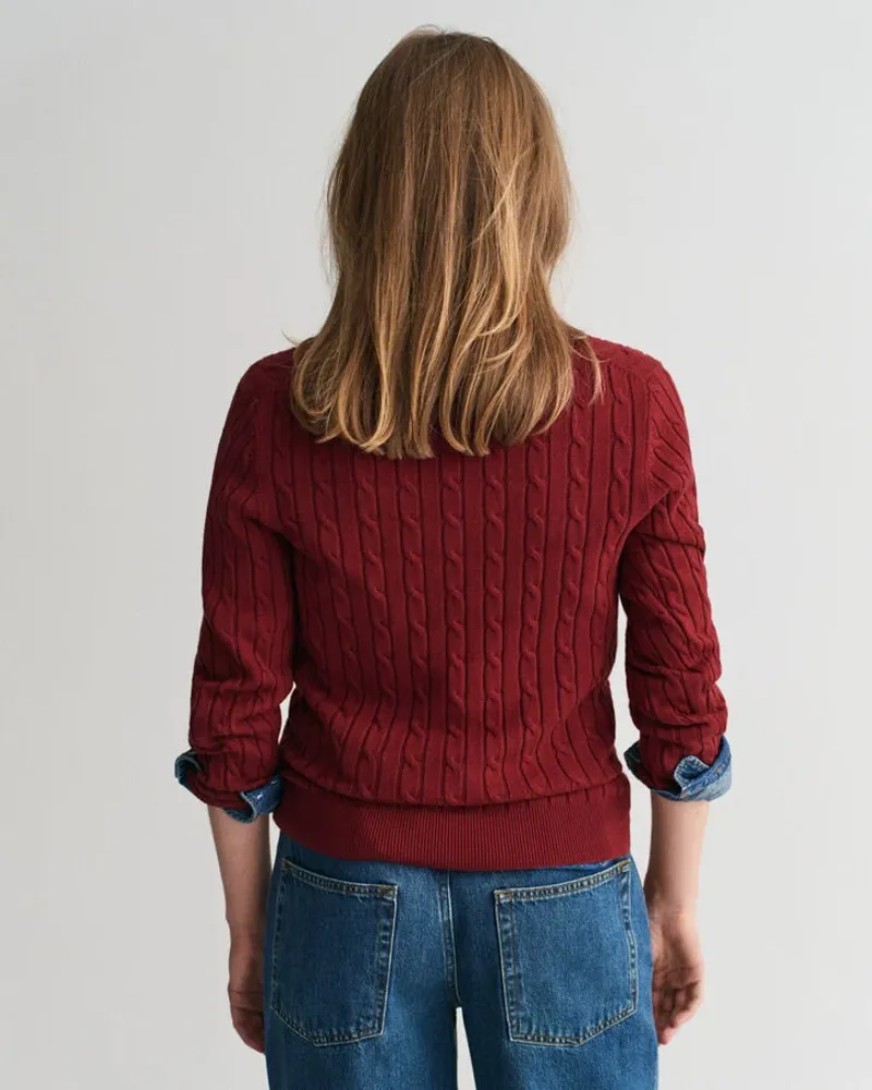 Gant Ladies Stretch Cotton Cable V-Neck Plumped Red-3