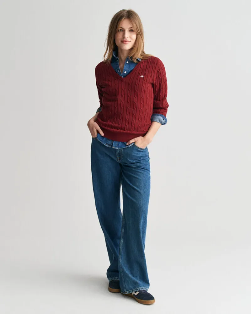 Gant Ladies Stretch Cotton Cable V-Neck Plumped Red-4