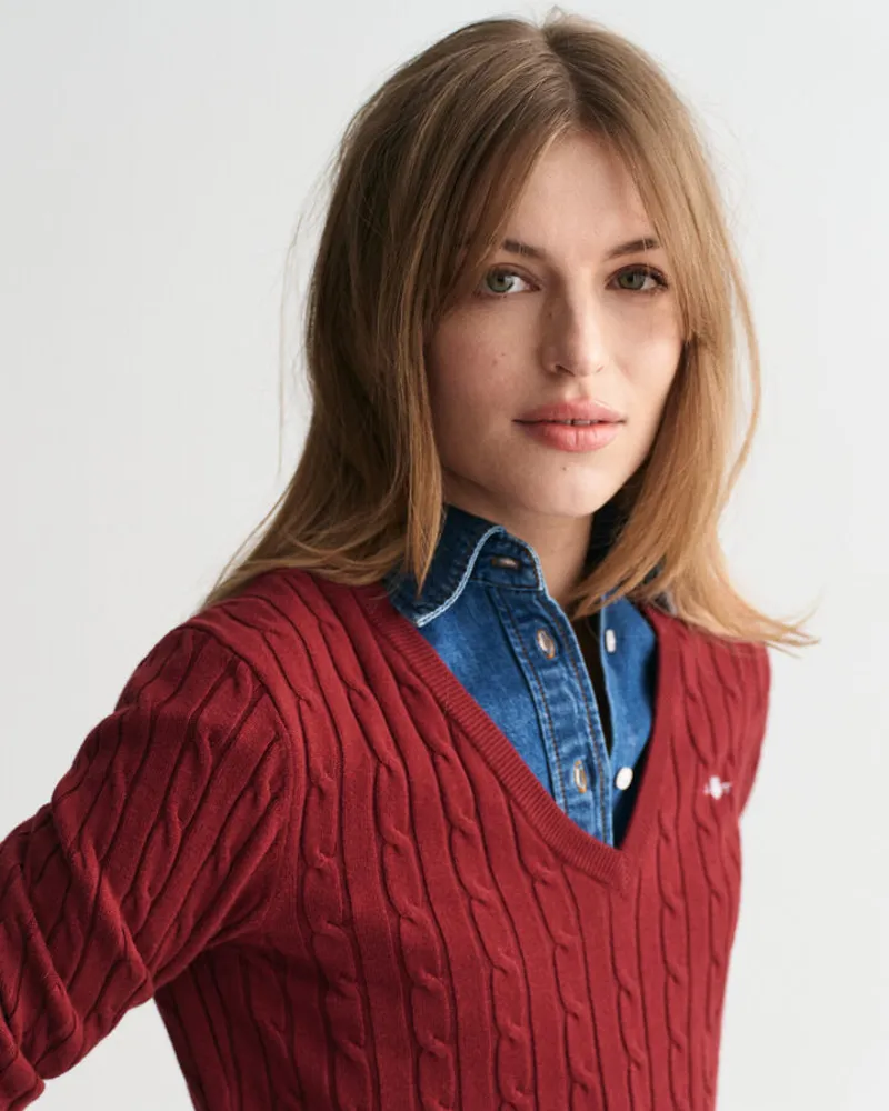 Gant Ladies Stretch Cotton Cable V-Neck Plumped Red-5