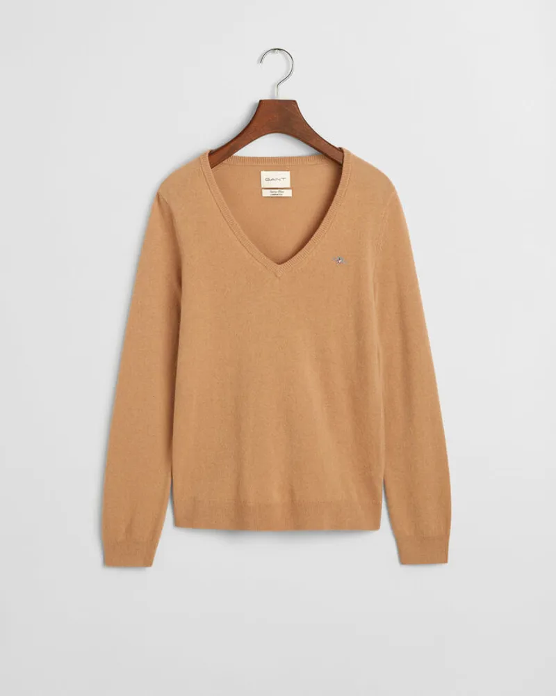 Gant Ladies Extrafine Lambswool V-Neck Caramel Beige-1
