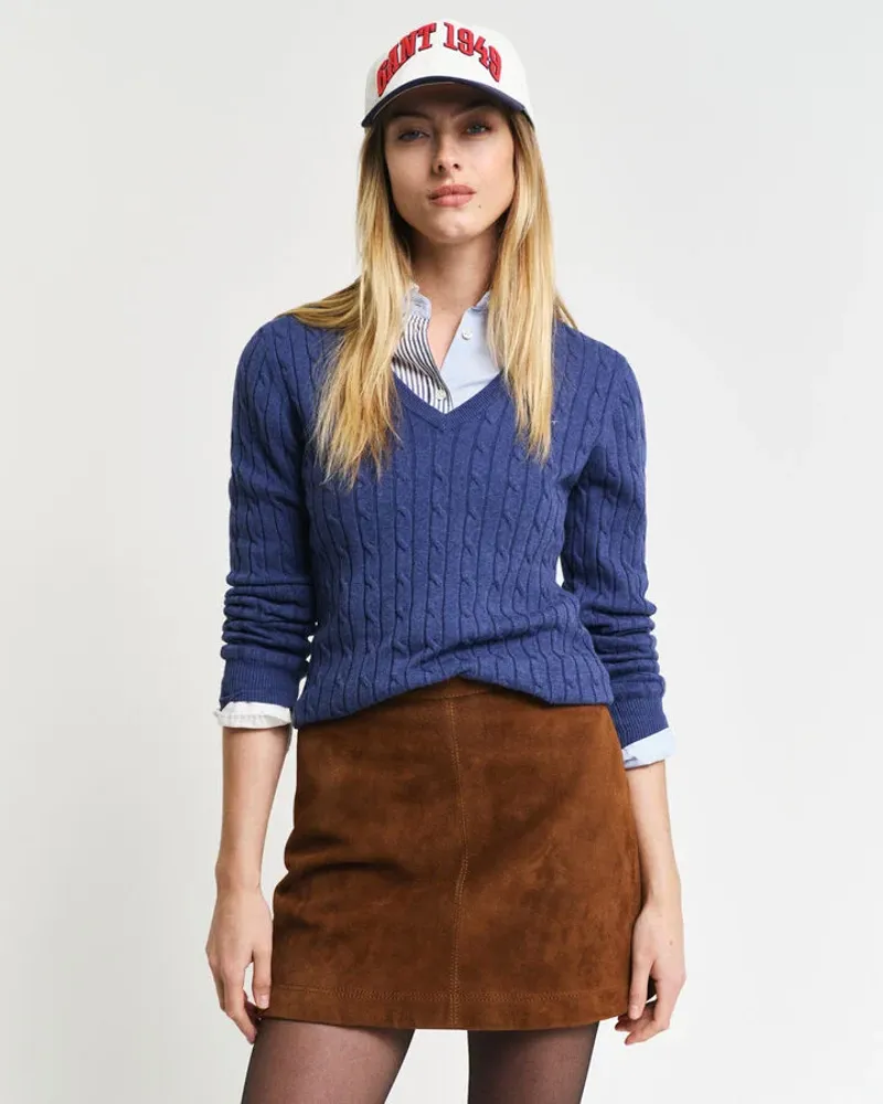 Gant Ladies Stretch Cotton Cable V-Neck Dusty Navy-2