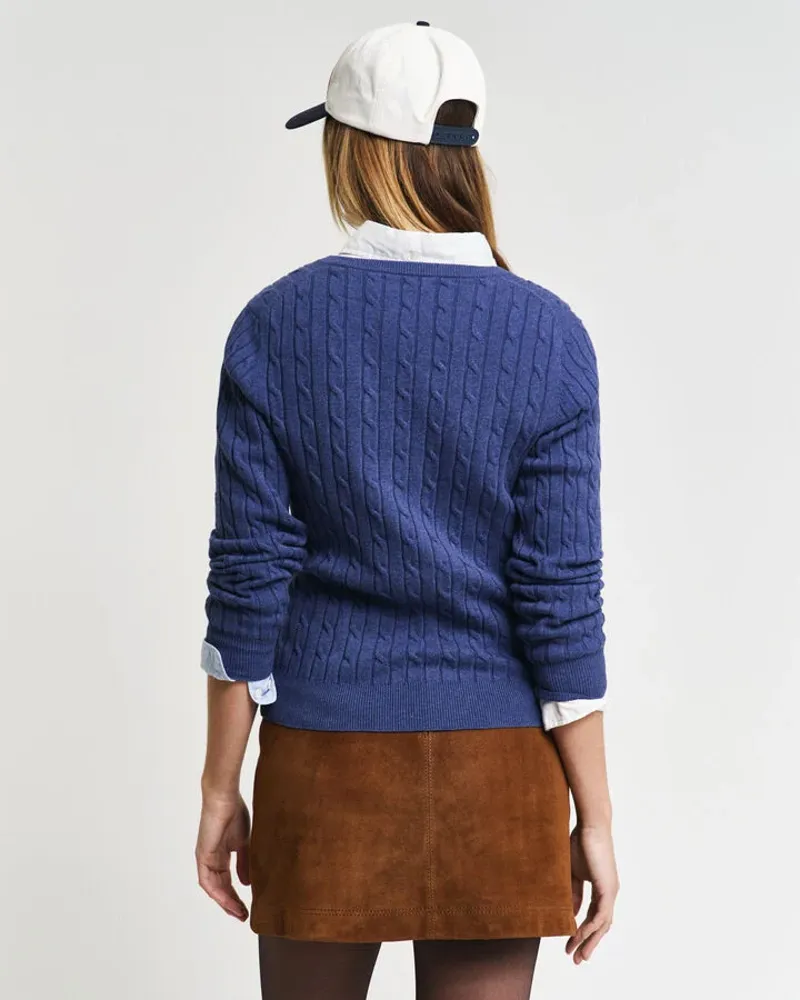 Gant Ladies Stretch Cotton Cable V-Neck Dusty Navy-3