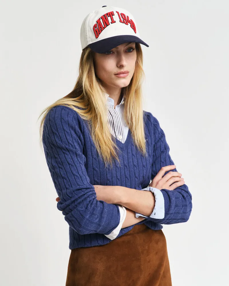 Gant Ladies Stretch Cotton Cable V-Neck Dusty Navy-5