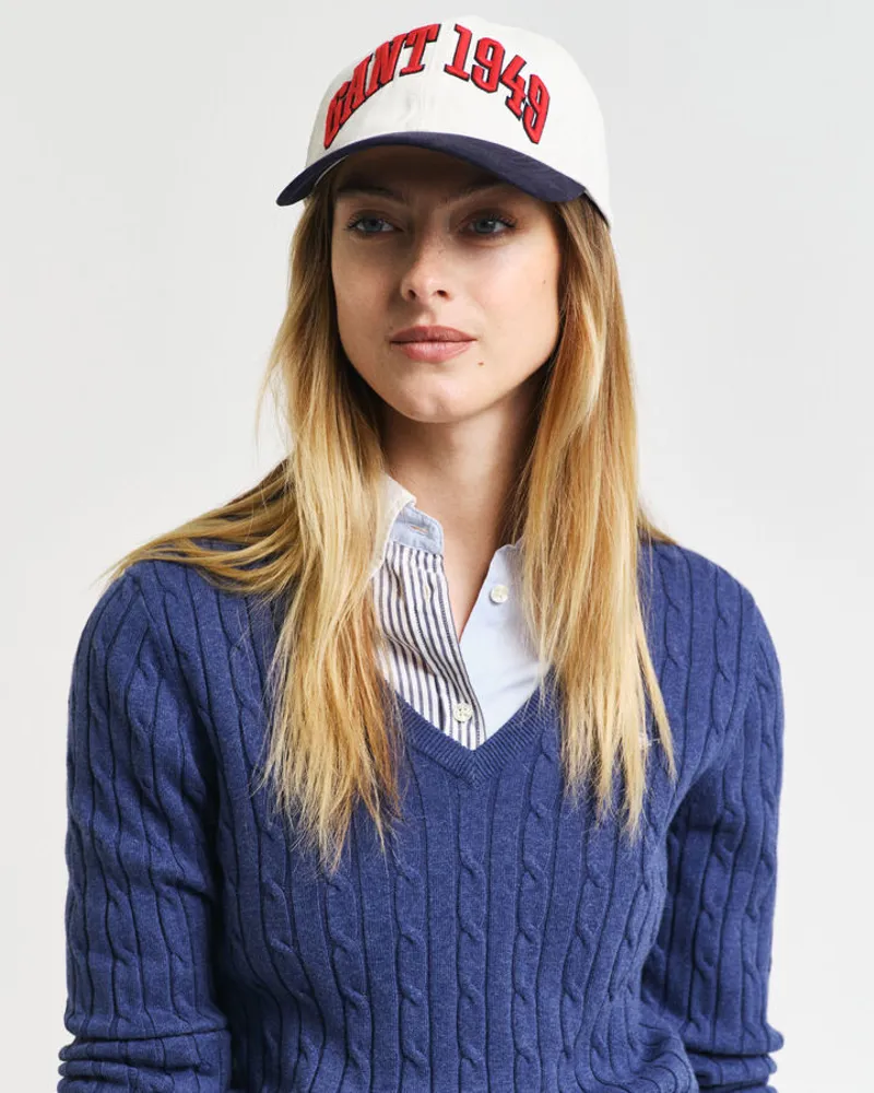 Gant Ladies Stretch Cotton Cable V-Neck Dusty Navy-6