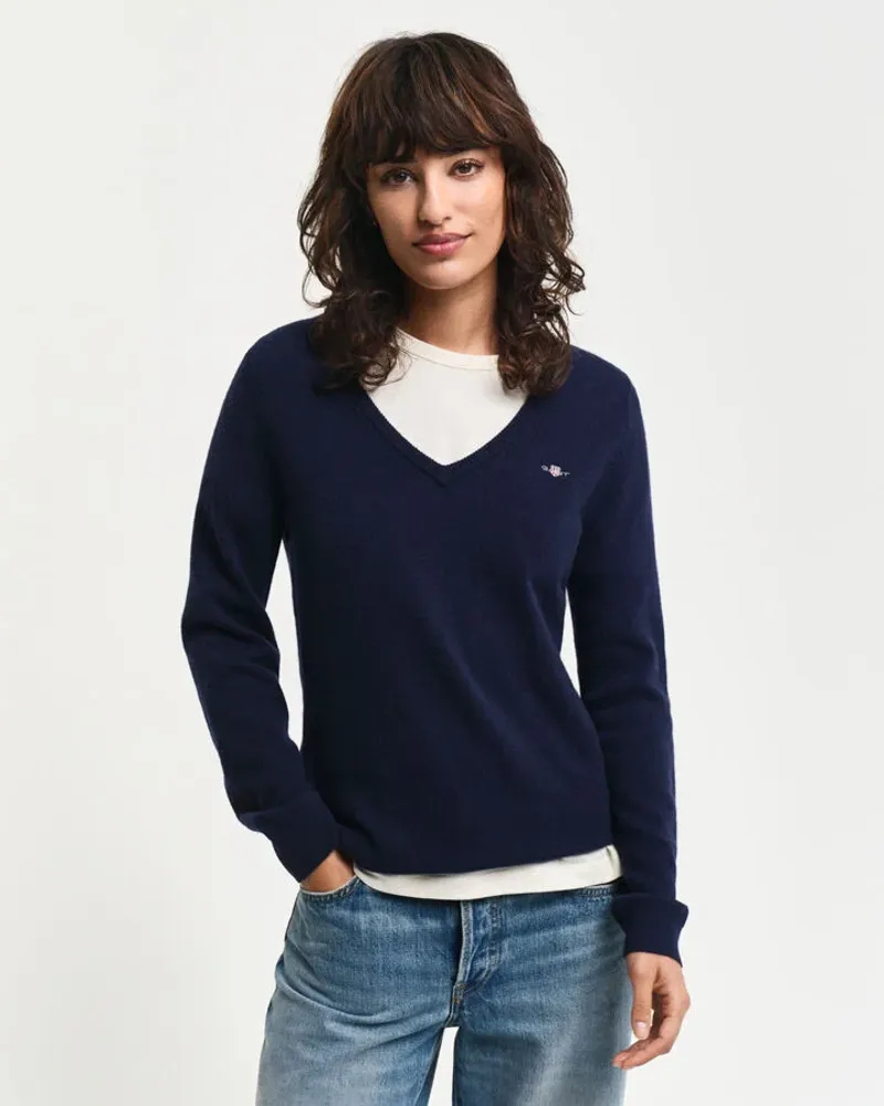 Gant Ladies Extrafine Lambswool V-Neck Evening Blue-1