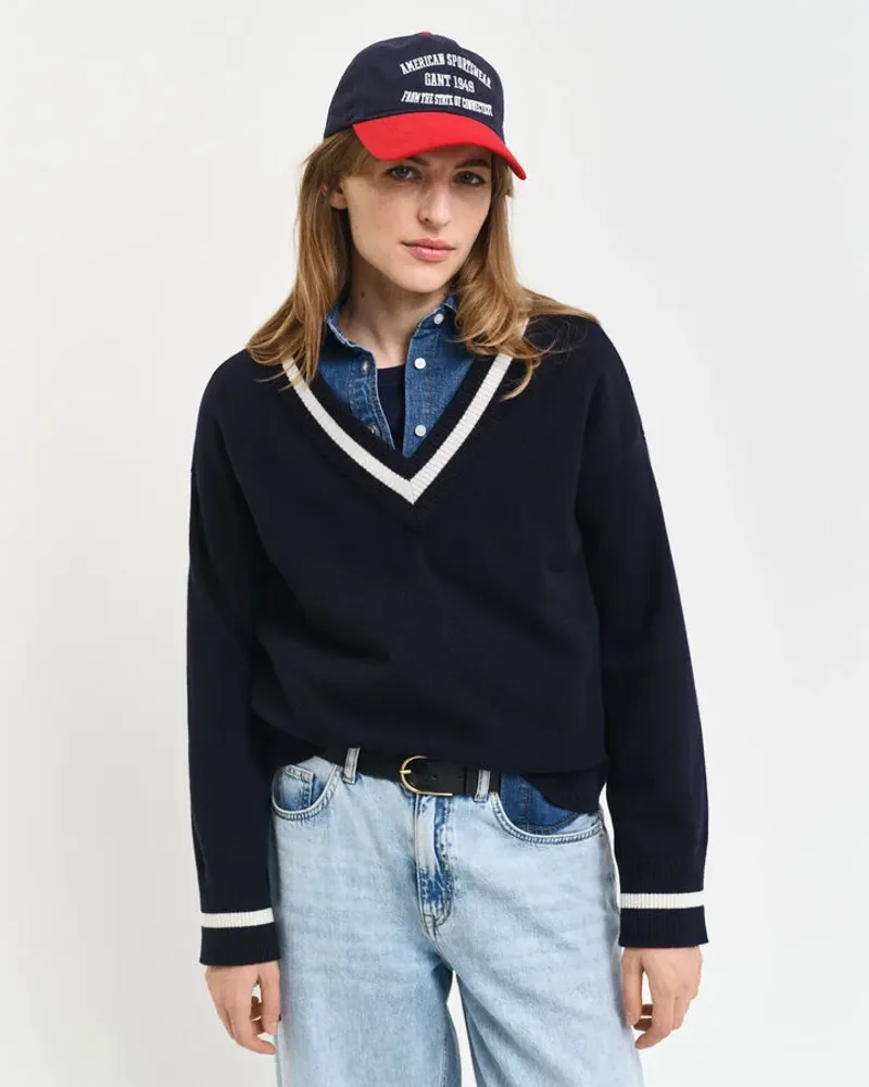 Gant Ladies Superfine Lambswool Contrast V-Neck Evening Blue-2