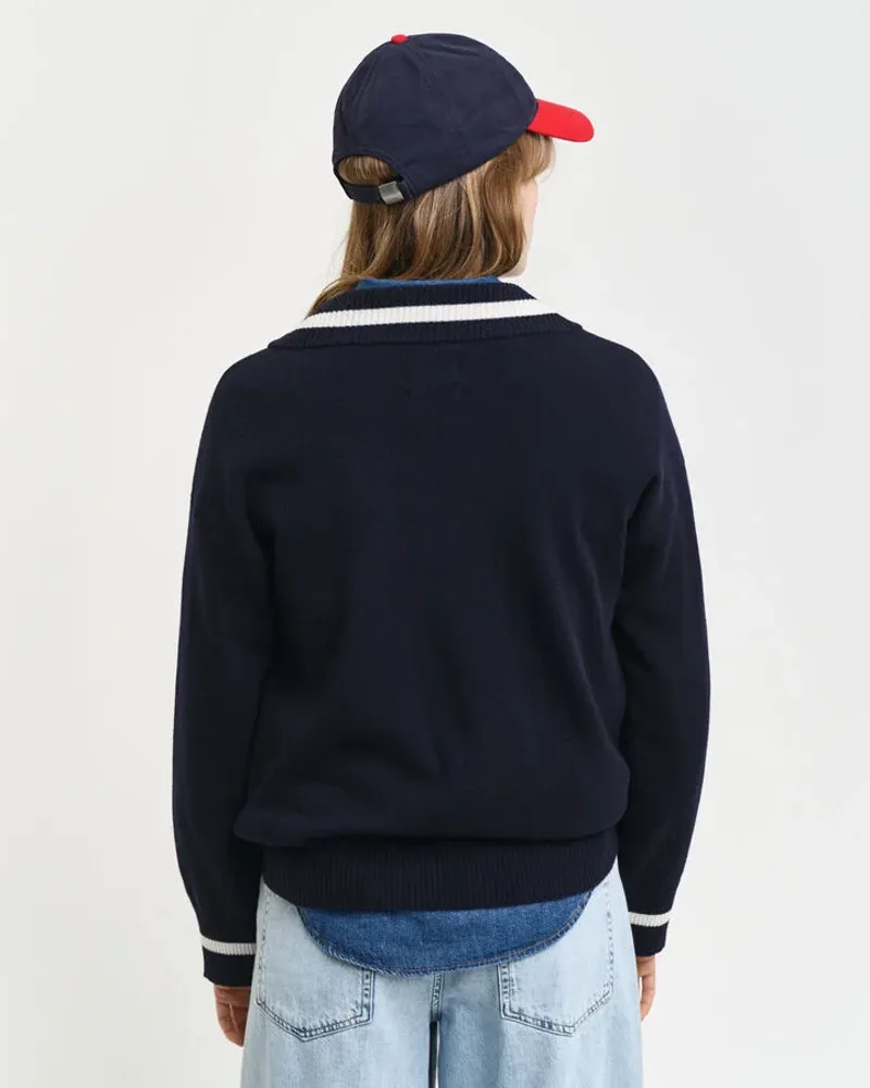 Gant Ladies Superfine Lambswool Contrast V-Neck Evening Blue-3