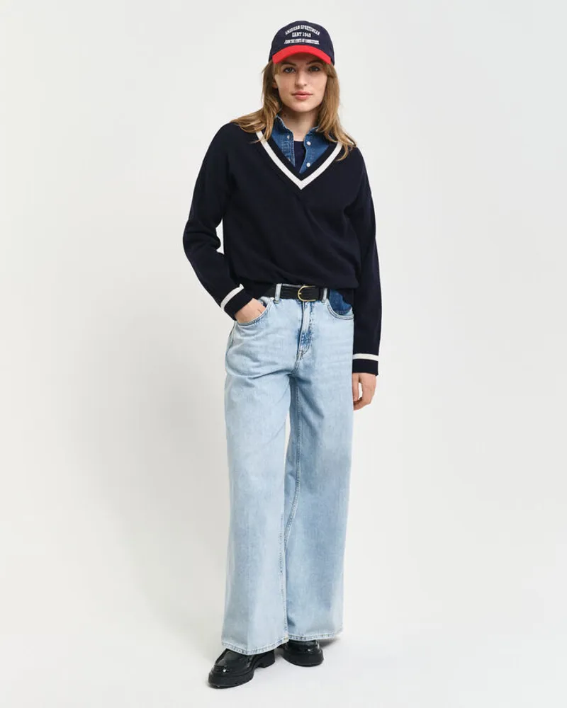 Gant Ladies Superfine Lambswool Contrast V-Neck Evening Blue-4