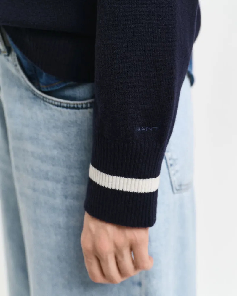 Gant Ladies Superfine Lambswool Contrast V-Neck Evening Blue-5