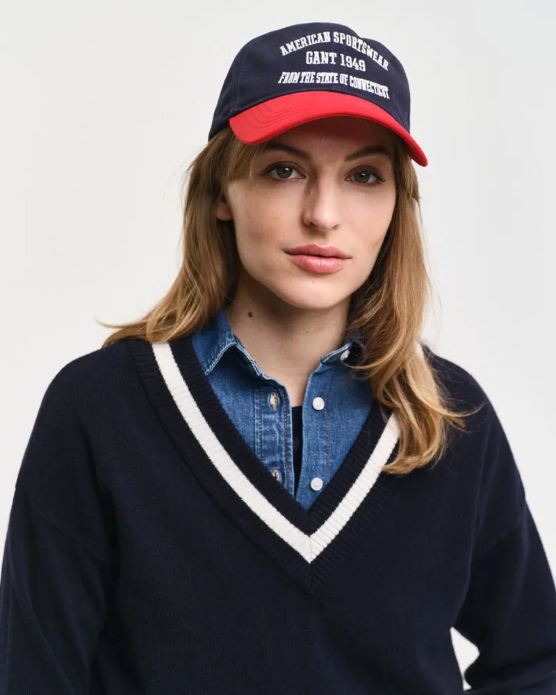 Gant Ladies Superfine Lambswool Contrast V-Neck Evening Blue-6