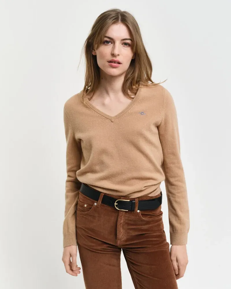 Gant Ladies Extrafine Lambswool V-Neck Caramel Beige-2