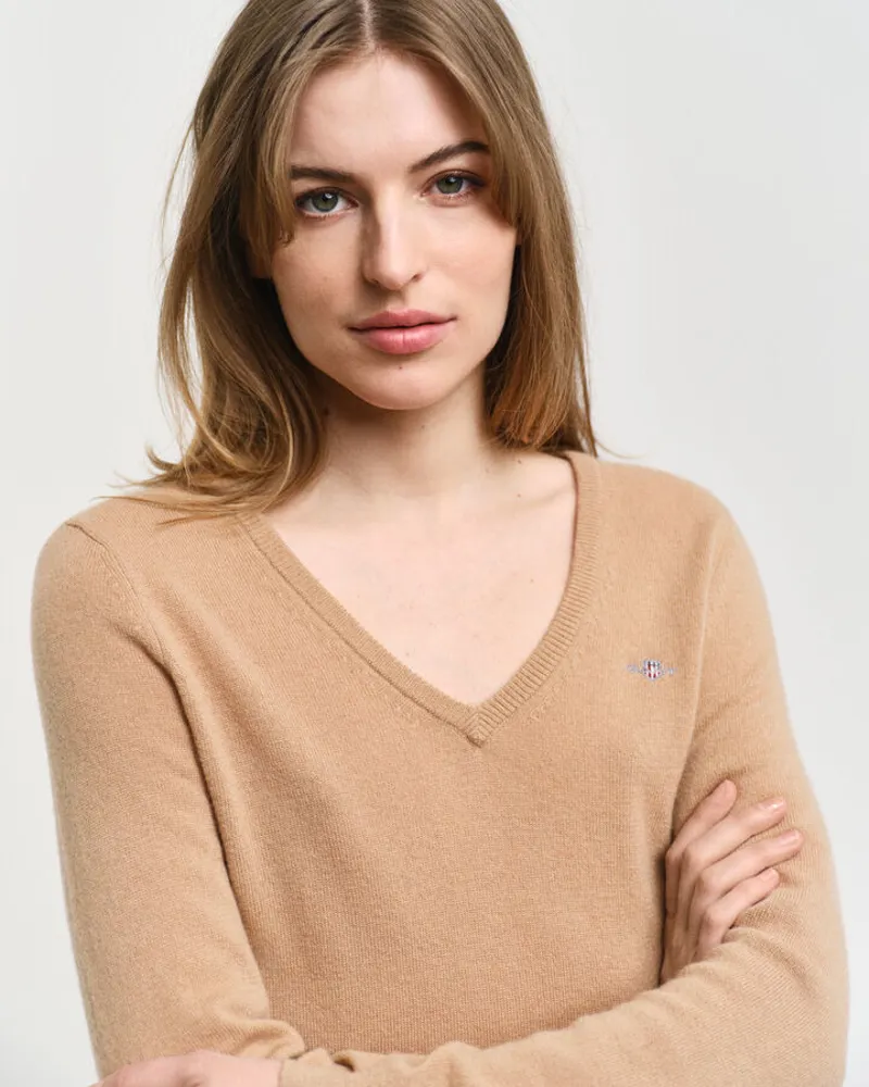 Gant Ladies Extrafine Lambswool V-Neck Caramel Beige-5