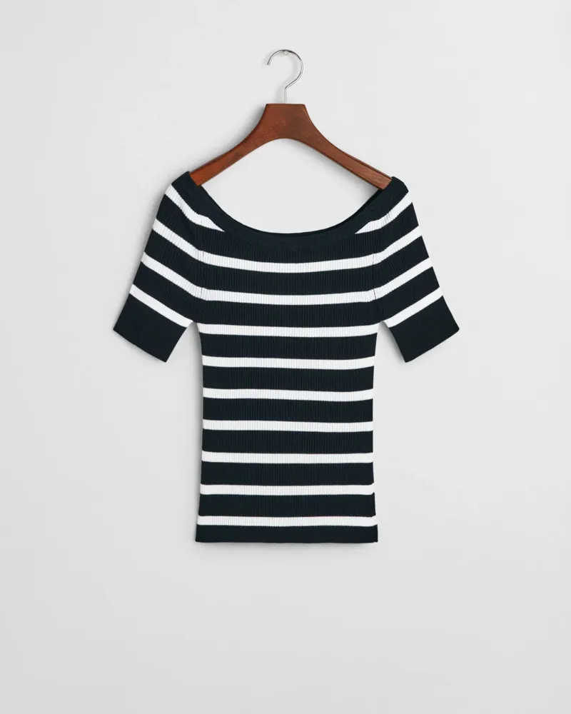 Gant Striped Rib Knit Off Shoulder Short Sleeve Top Evening Blue-1
