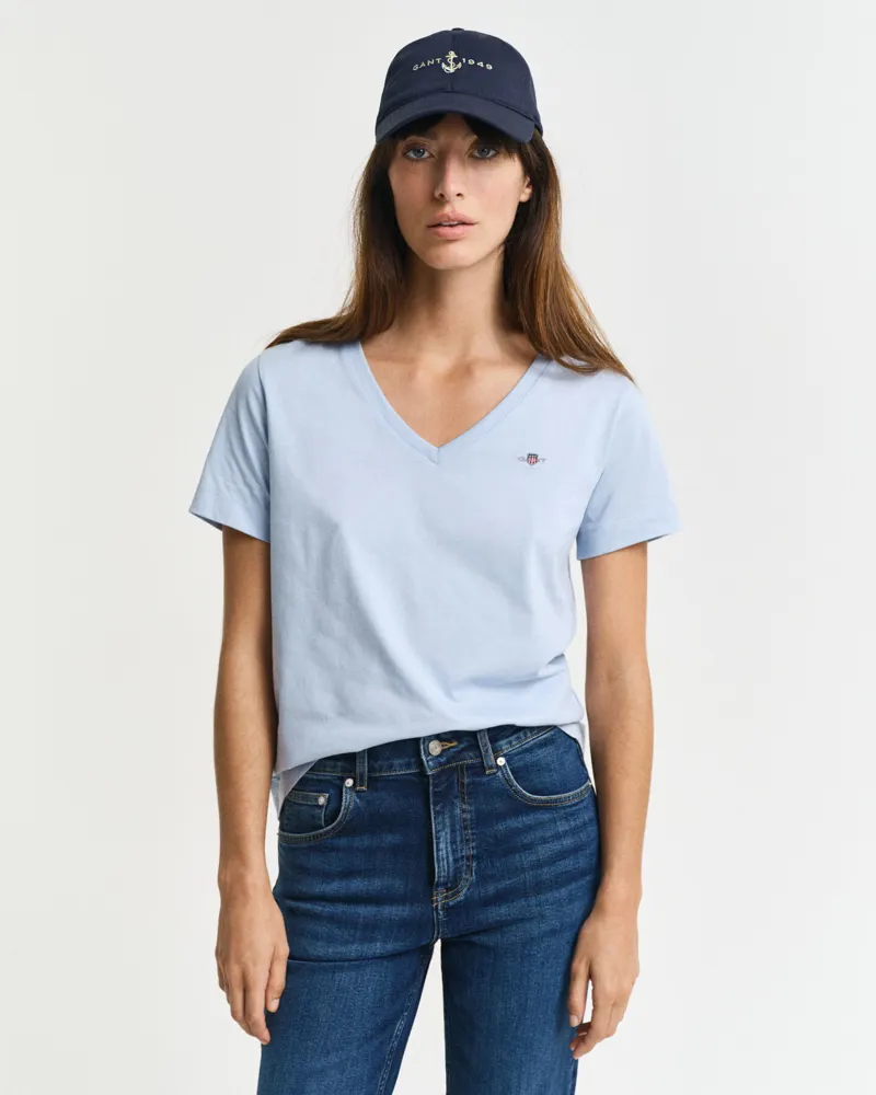 Gant Ladies Shield SS V-Neck T-Shirt Fresh Blue-1