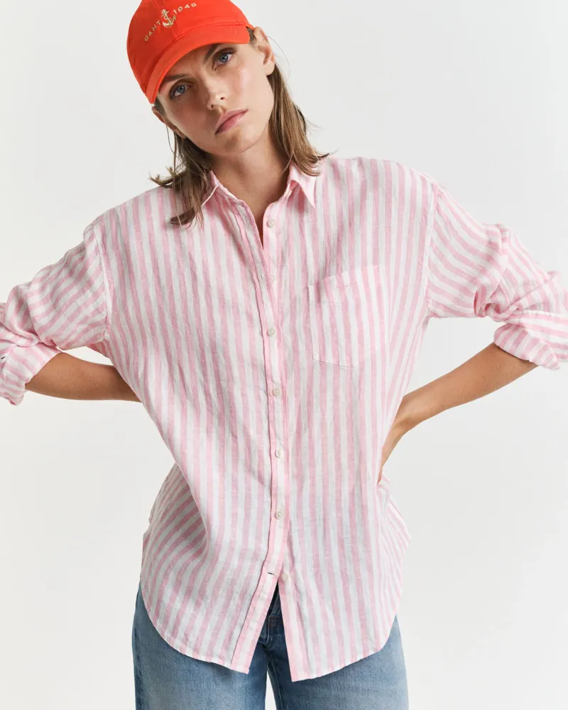 Gant Striped Linen Shirt Geranium Pink-6