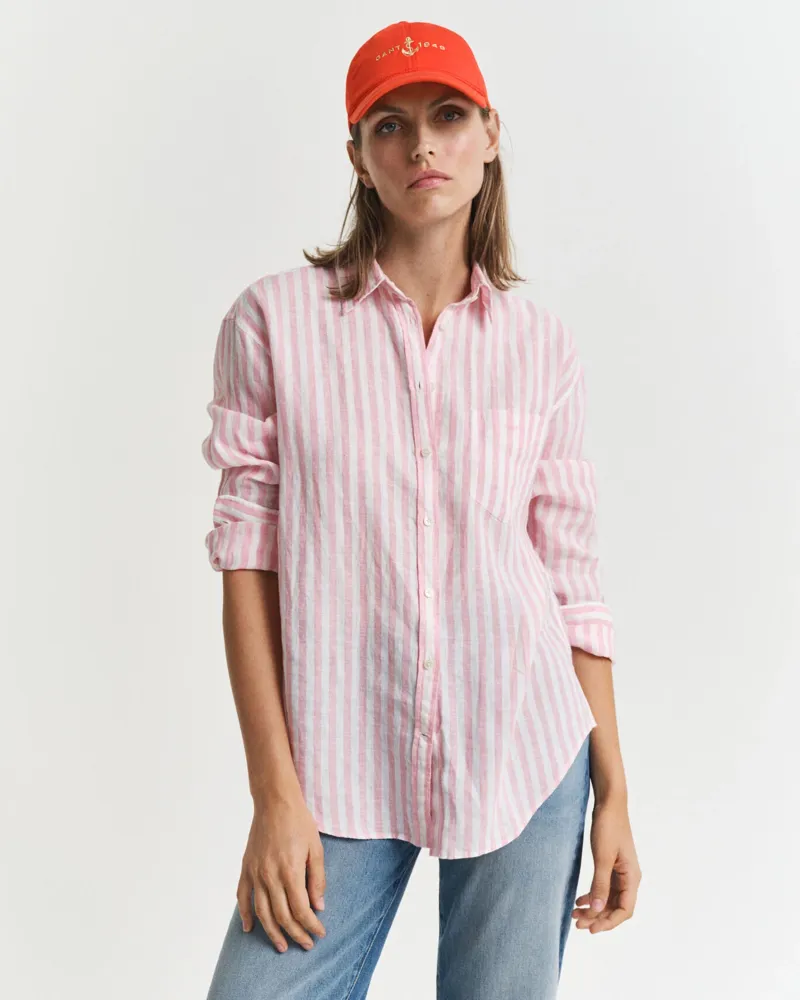 Gant Striped Linen Shirt Geranium Pink-2