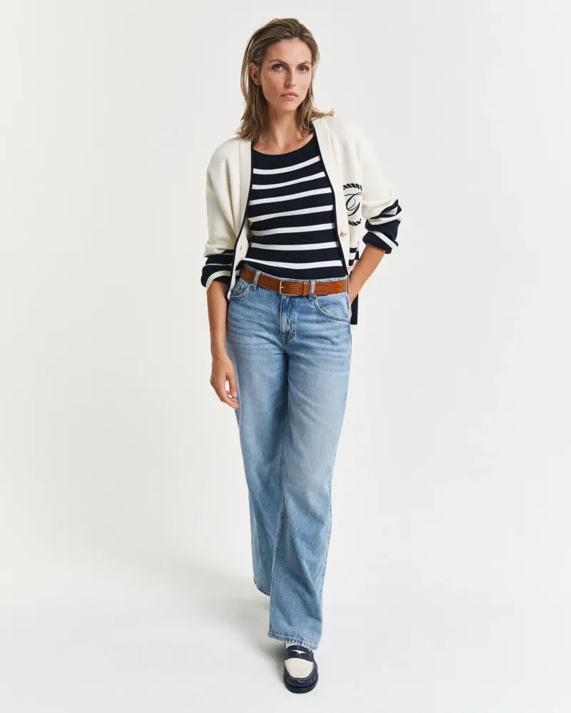 Gant Striped Rib Knit Off Shoulder Short Sleeve Top Evening Blue-6